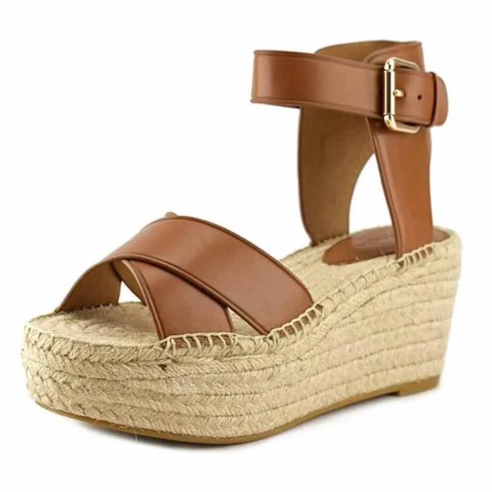 Coach Primrose Brown Leather Espadrille Platform Wedge Sandal Size 7.5
